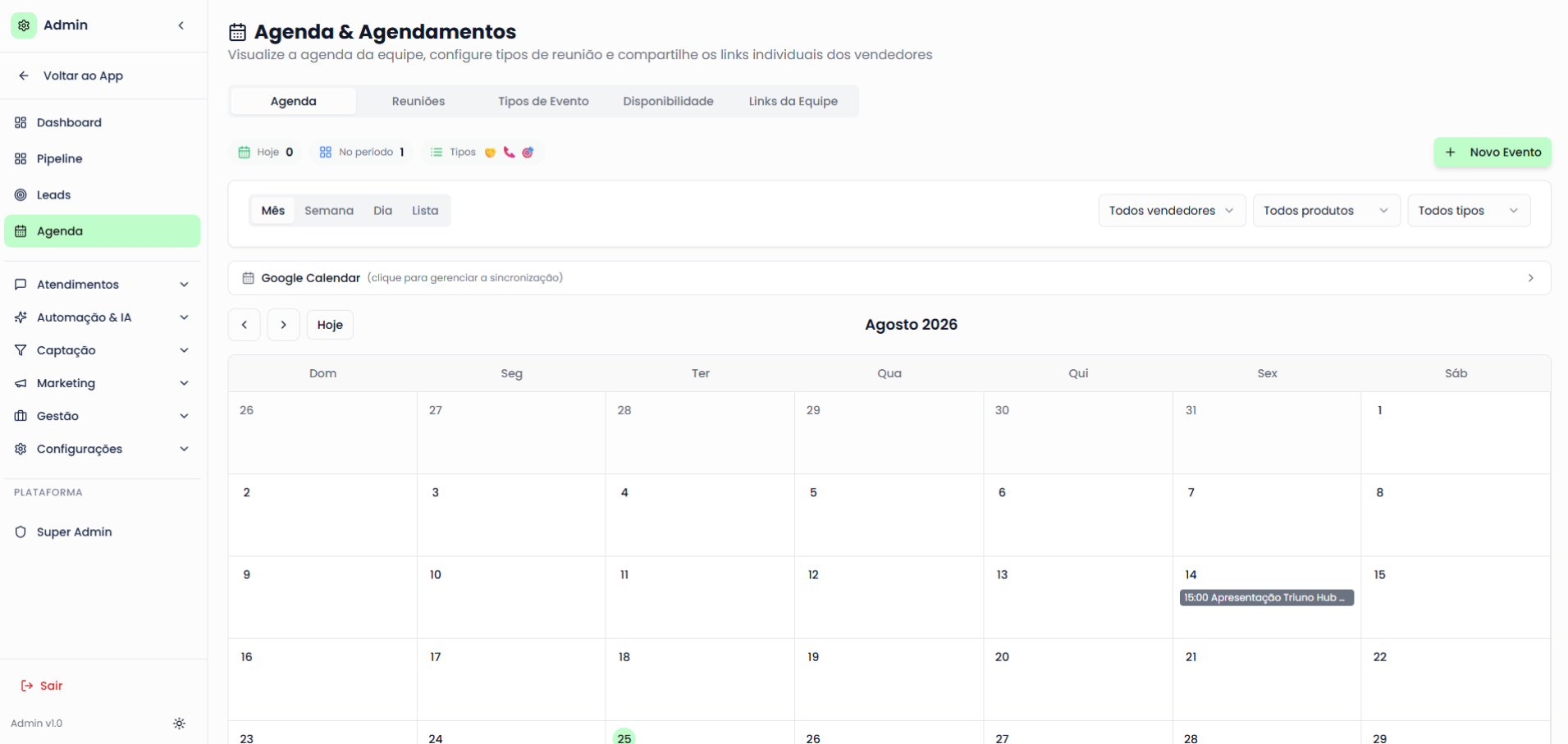 Agenda e Agendamentos do Triuno Hub: calendario mensal da equipe com reunioes marcadas.