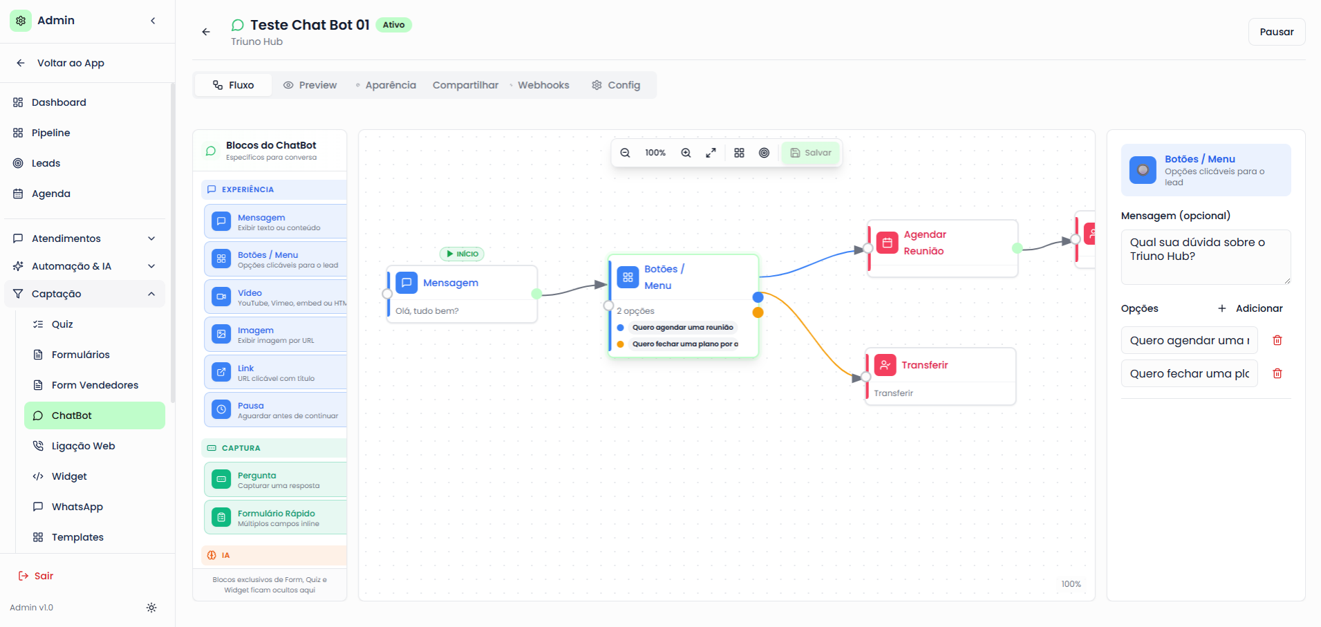 Construtor de ChatBot do Triuno Hub: fluxo visual com blocos de mensagem, menu e agendamento.