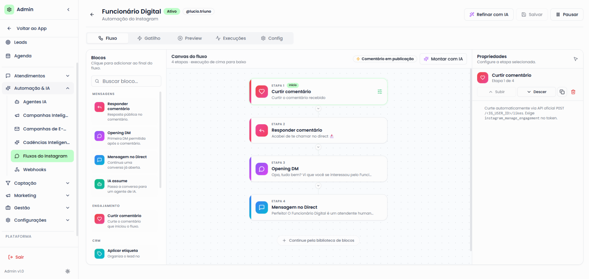 Fluxos do Instagram do Triuno Hub: automacao que curte o comentario, responde e chama o lead no direct.